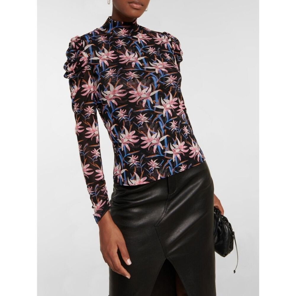 Diane Von Furstenberg Harlow Small Black Remy High Neck Floral Top XS Chic Boho